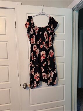 Maurices Black Floral Fit-and-Flare Dress with Pink and Red Blooms